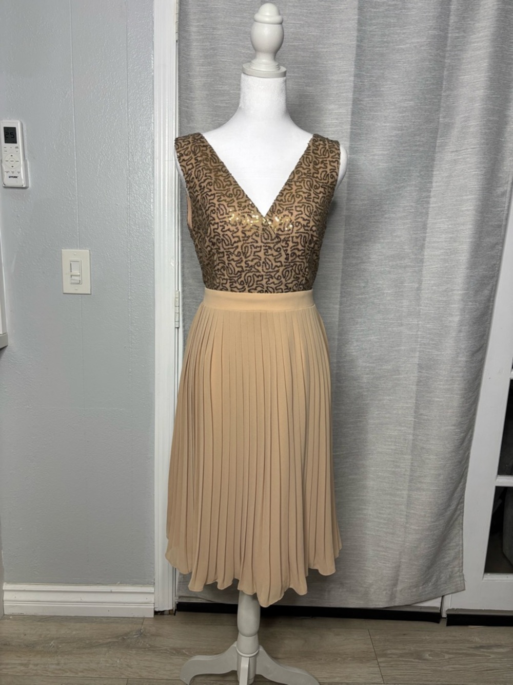 MM Couture Sequined Brown Bodice Pleated Beige Midi Dress